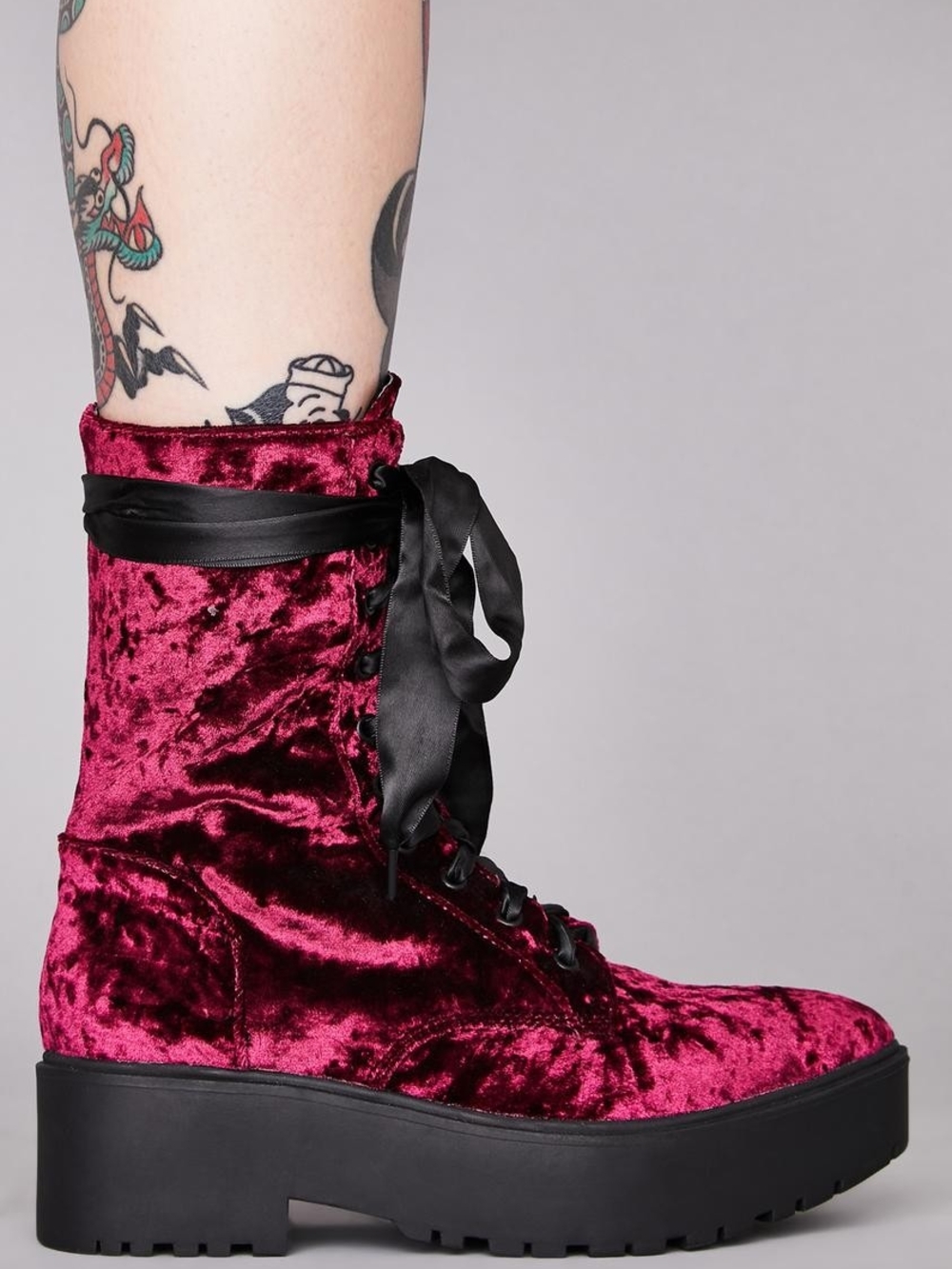 Dolls Kill Burgundy Velvet Lace-Up Platform Boots with Satin Laces - Picture 3 of 7